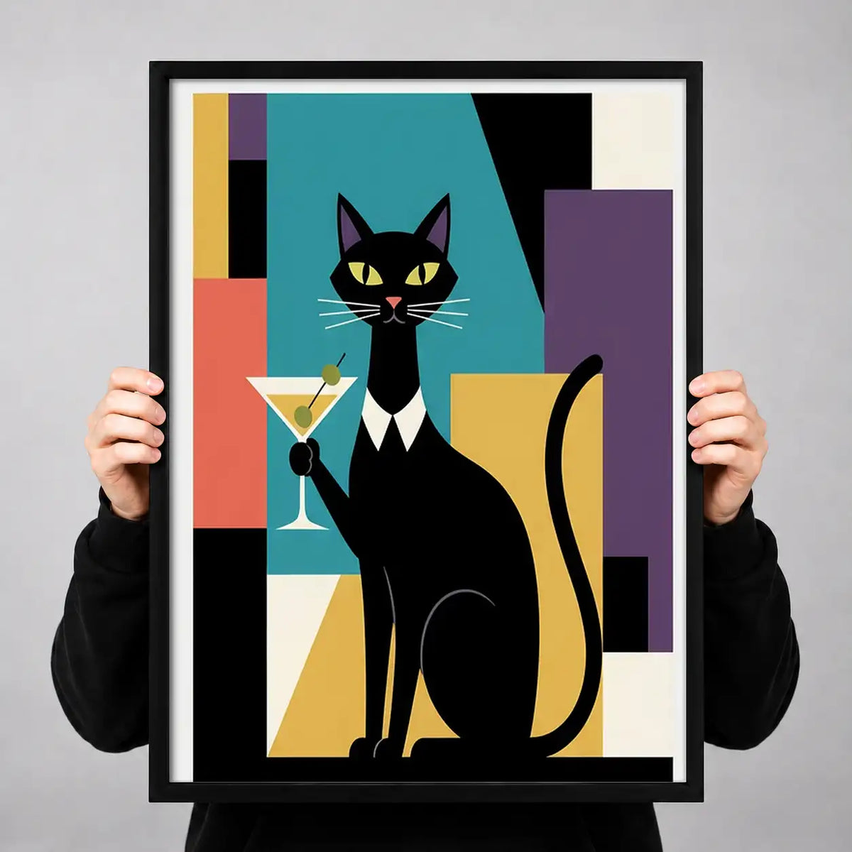 Geometric Black Cat with Martini Wall Art 3