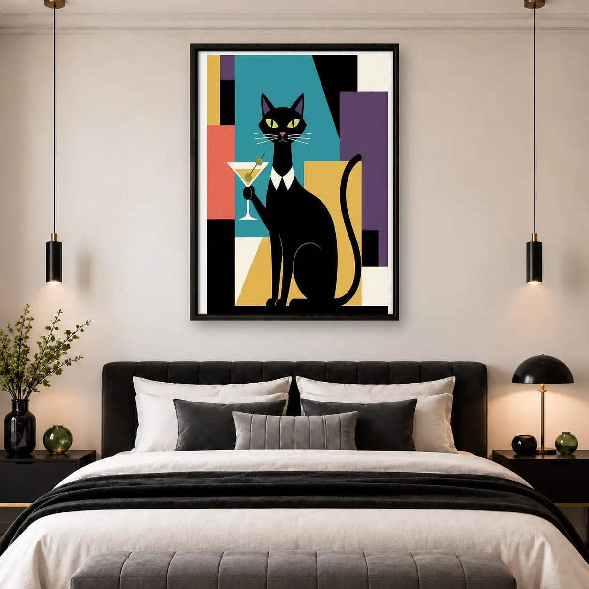 Geometric Black Cat with Martini Wall Art 4