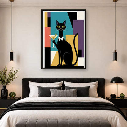 Geometric Black Cat with Martini Wall Art 4
