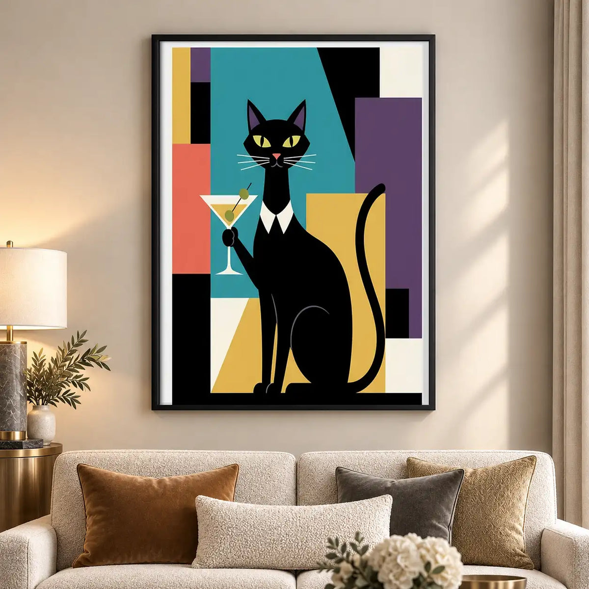Geometric Black Cat with Martini Wall Art 5