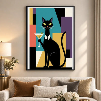 Geometric Black Cat with Martini Wall Art 5