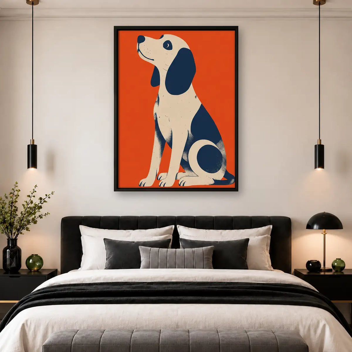 Geometric Blue Dog on Orange Wall Art 4