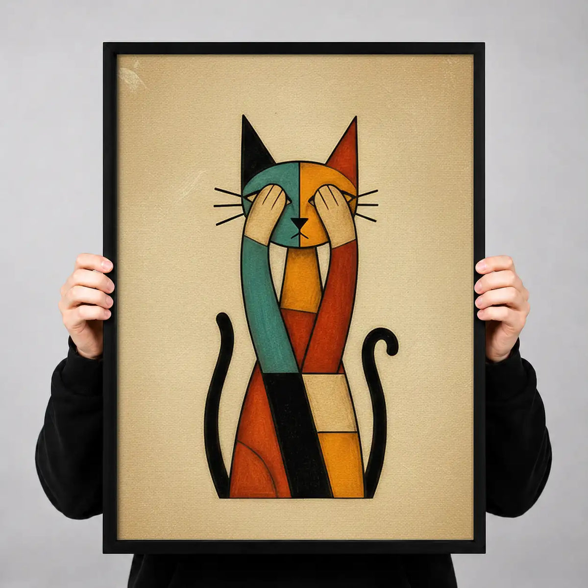 Geometric Orange Black Cat Wall Art 3
