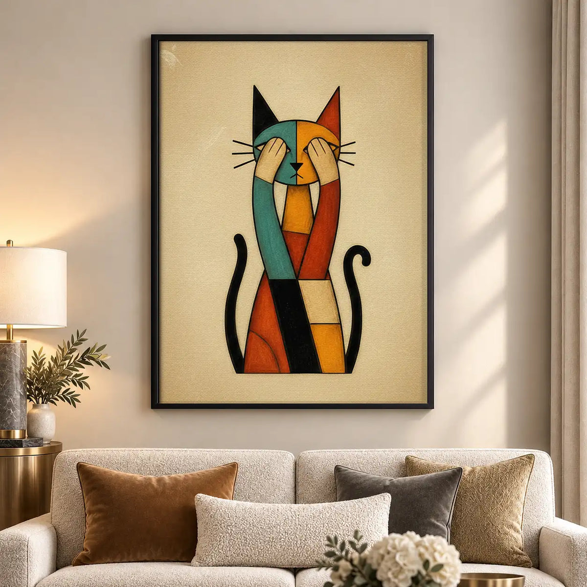 Geometric Orange Black Cat Wall Art 5