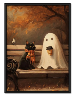 Ghost with Coffee and Black Cat Wall Art
