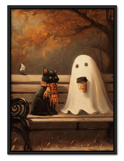 Ghost with Coffee and Black Cat Wall Art