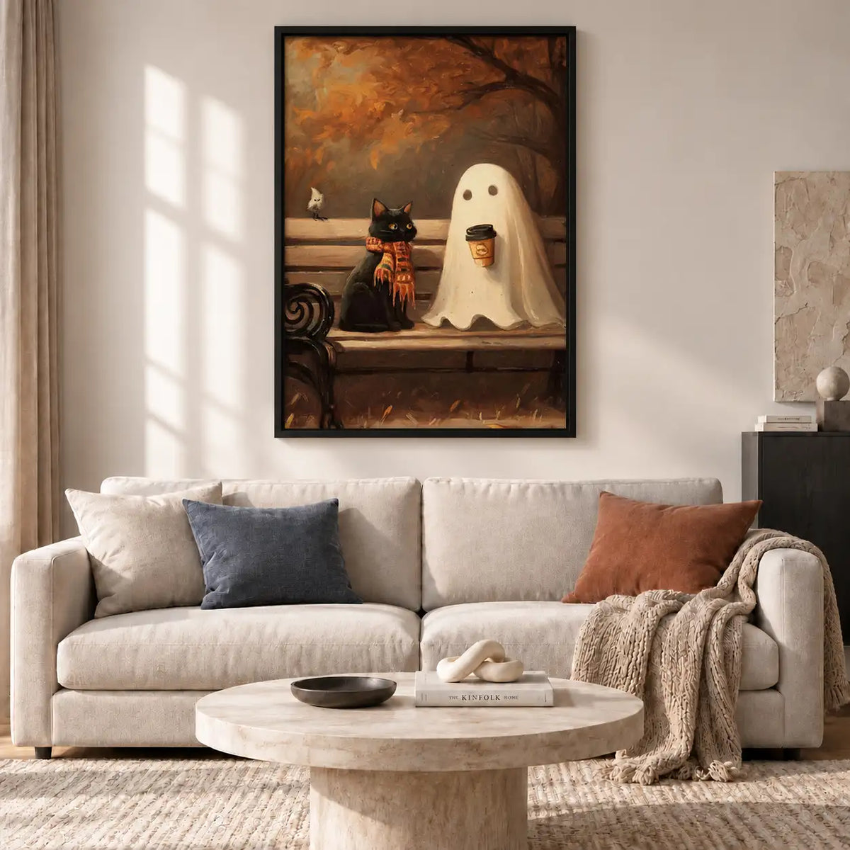 Ghost with Coffee and Black Cat Wall Art 2