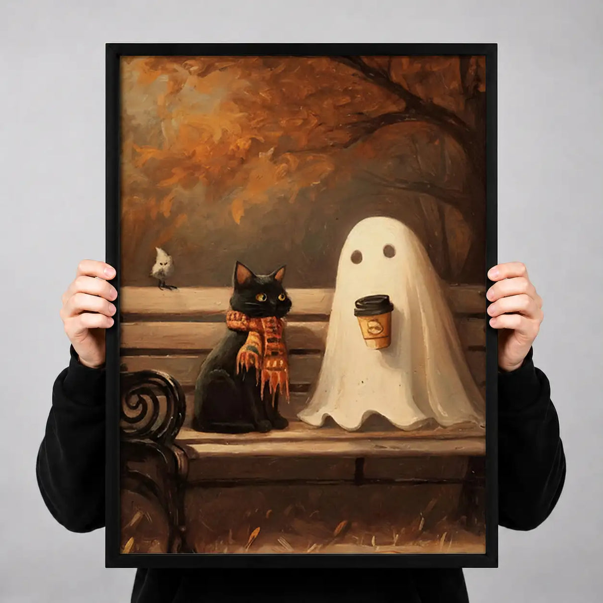 Ghost with Coffee and Black Cat Wall Art 3