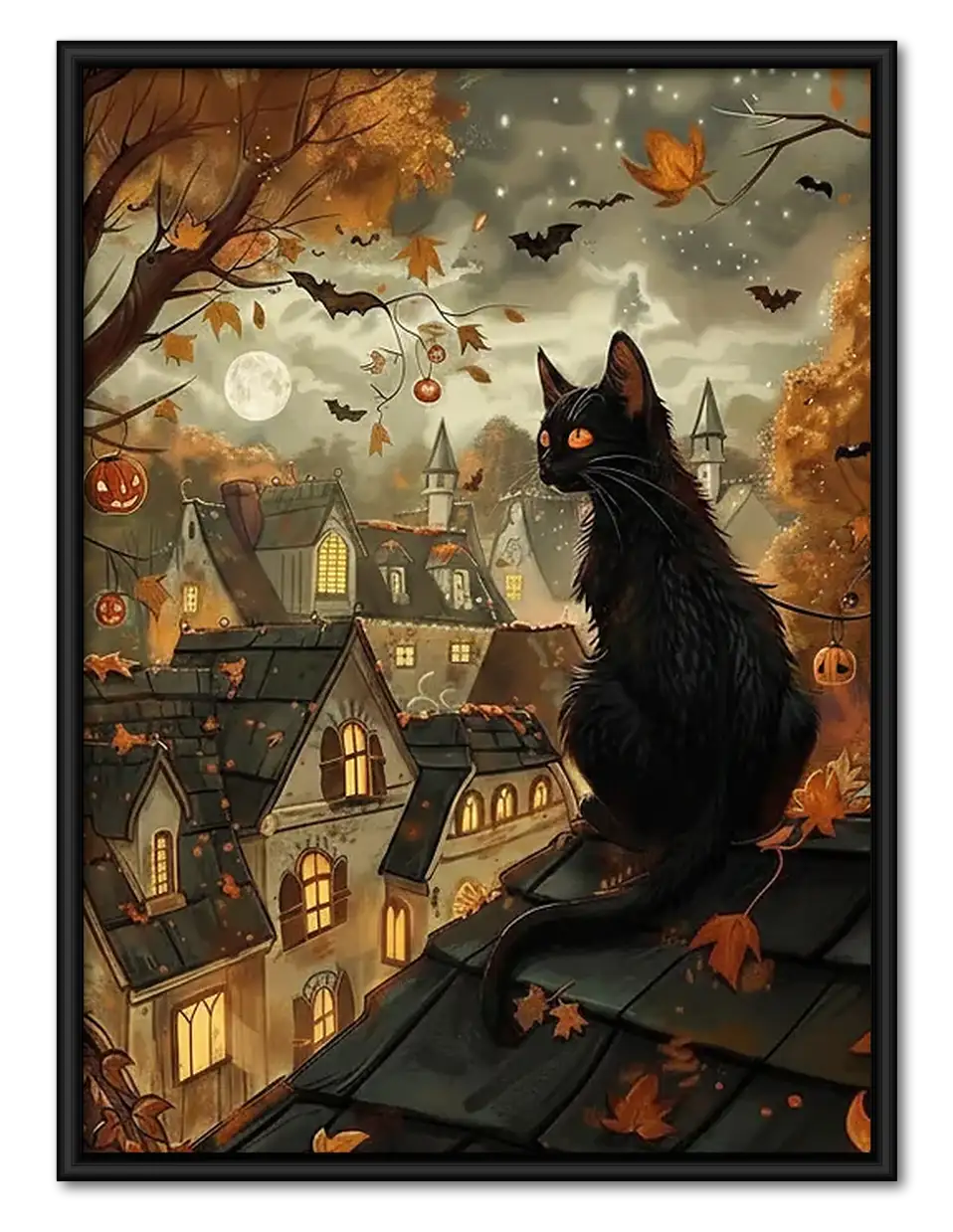 Giant Black Cat over Autumn Town Wall Art 1