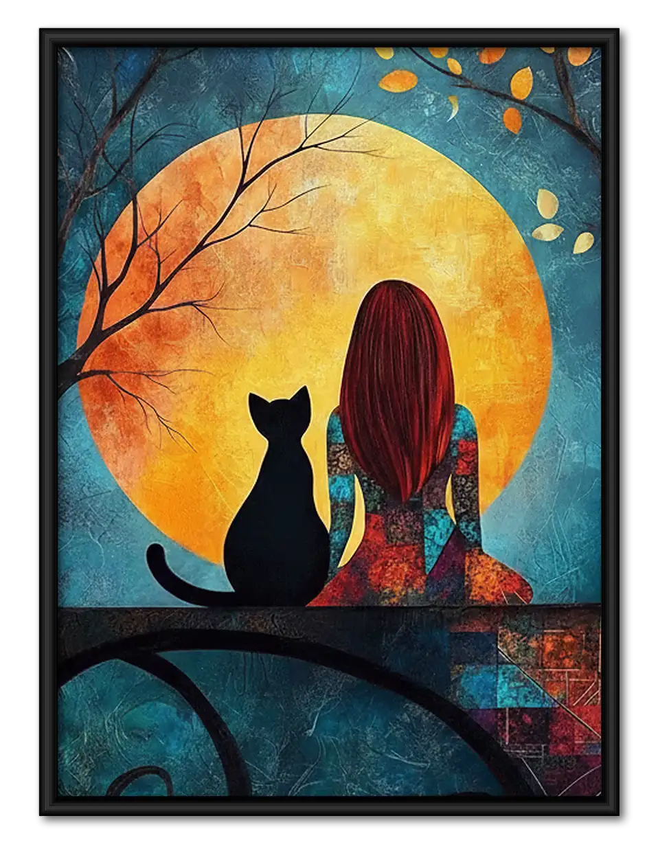 Girl and Cat Watching Golden Moon Wall Art 1