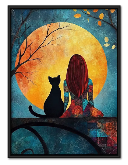 Girl and Cat Watching Golden Moon Wall Art