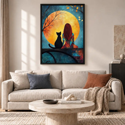 Girl and Cat Watching Golden Moon Wall Art 2