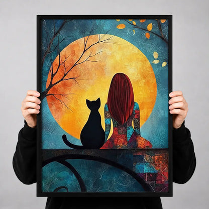 Girl and Cat Watching Golden Moon Wall Art 3