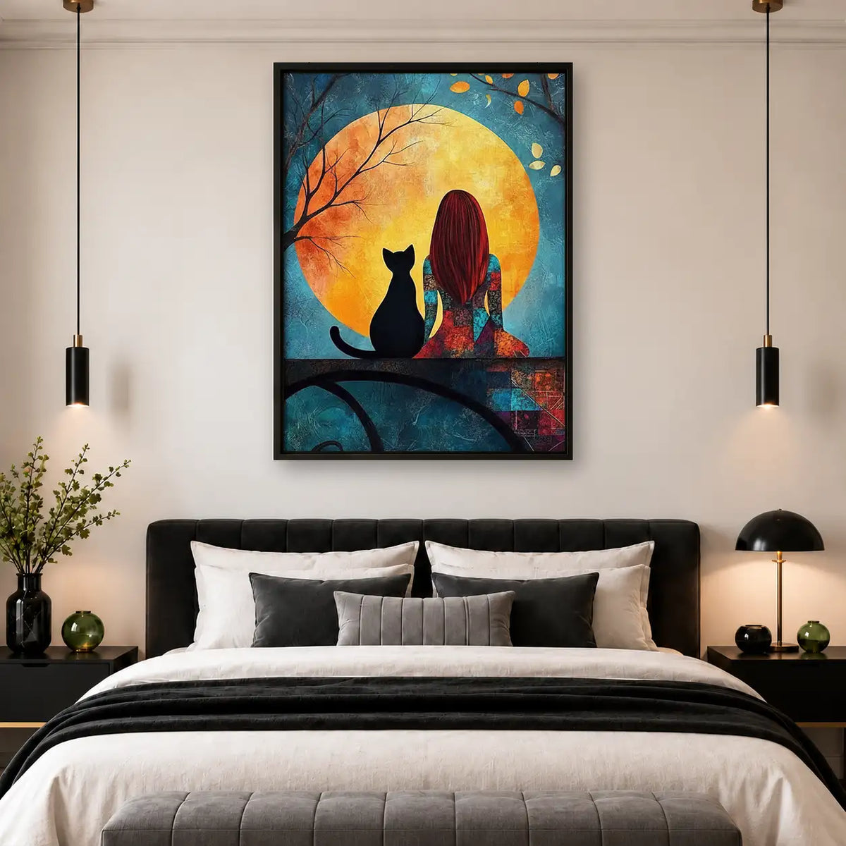 Girl and Cat Watching Golden Moon Wall Art 4