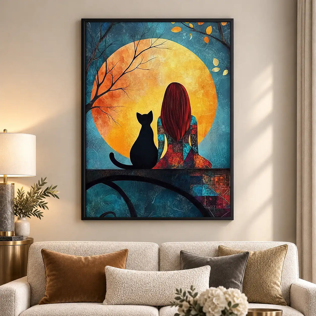 Girl and Cat Watching Golden Moon Wall Art 5