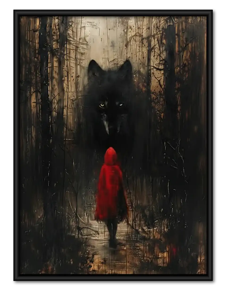 Girl in Red Facing Shadowy Wolf Wall Art 1