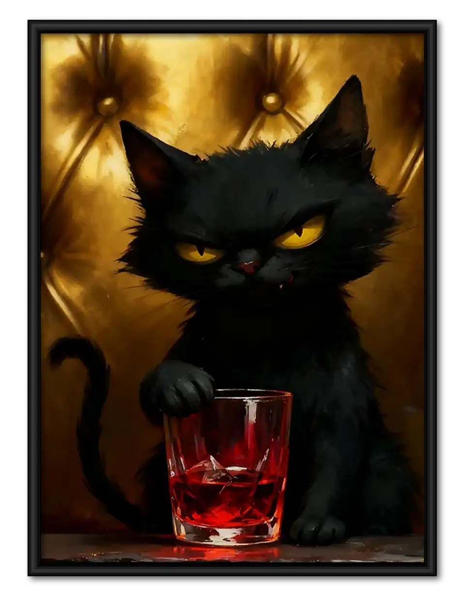 Golden Black Cat with Whiskey Glass Wall Art 1
