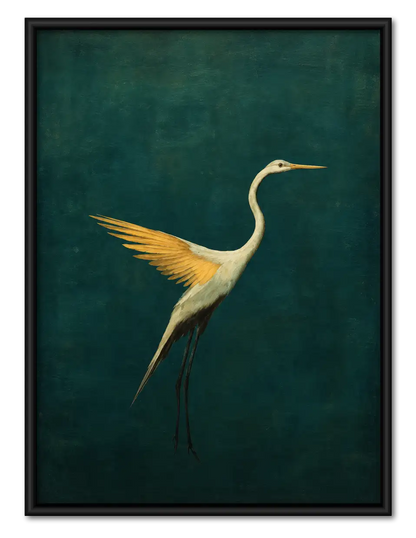 Golden Crane on Emerald Green Wall Art 1