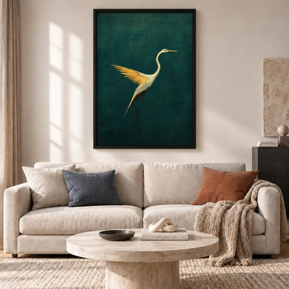 Golden Crane on Emerald Green Wall Art 2