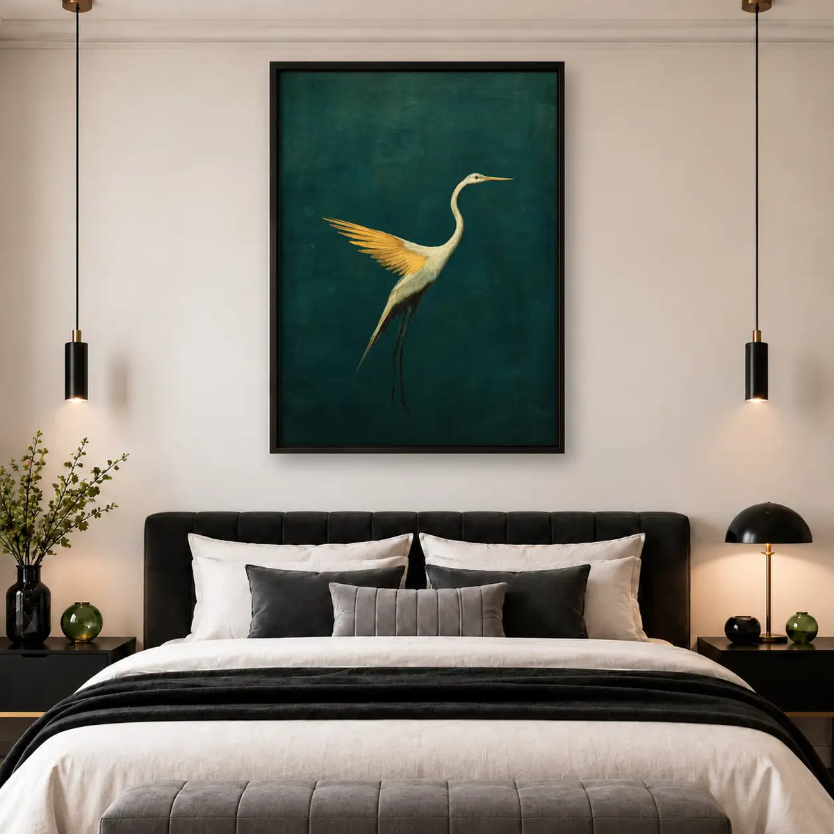 Golden Crane on Emerald Green Wall Art 4