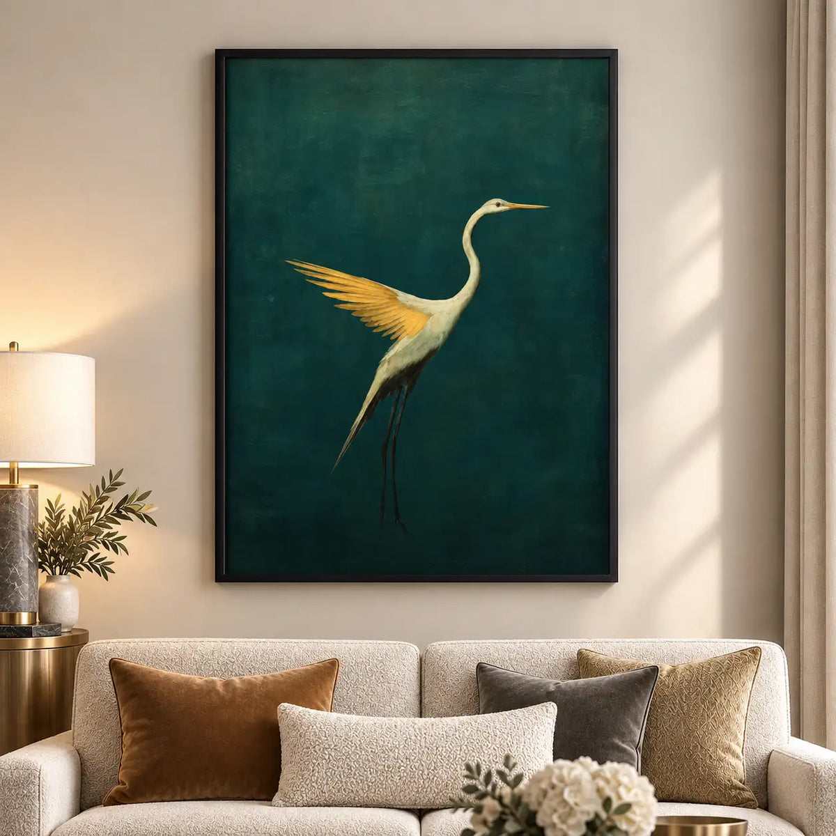 Golden Crane on Emerald Green Wall Art 5