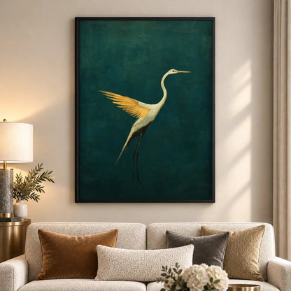 Golden Crane on Emerald Green Wall Art 5