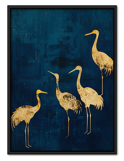 Golden Cranes on Deep Blue Wall Art 1