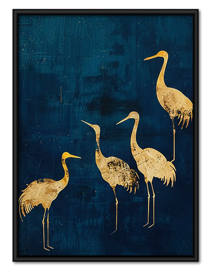 Golden Cranes on Deep Blue Wall Art