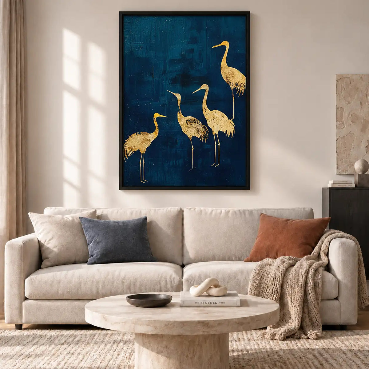 Golden Cranes on Deep Blue Wall Art 2