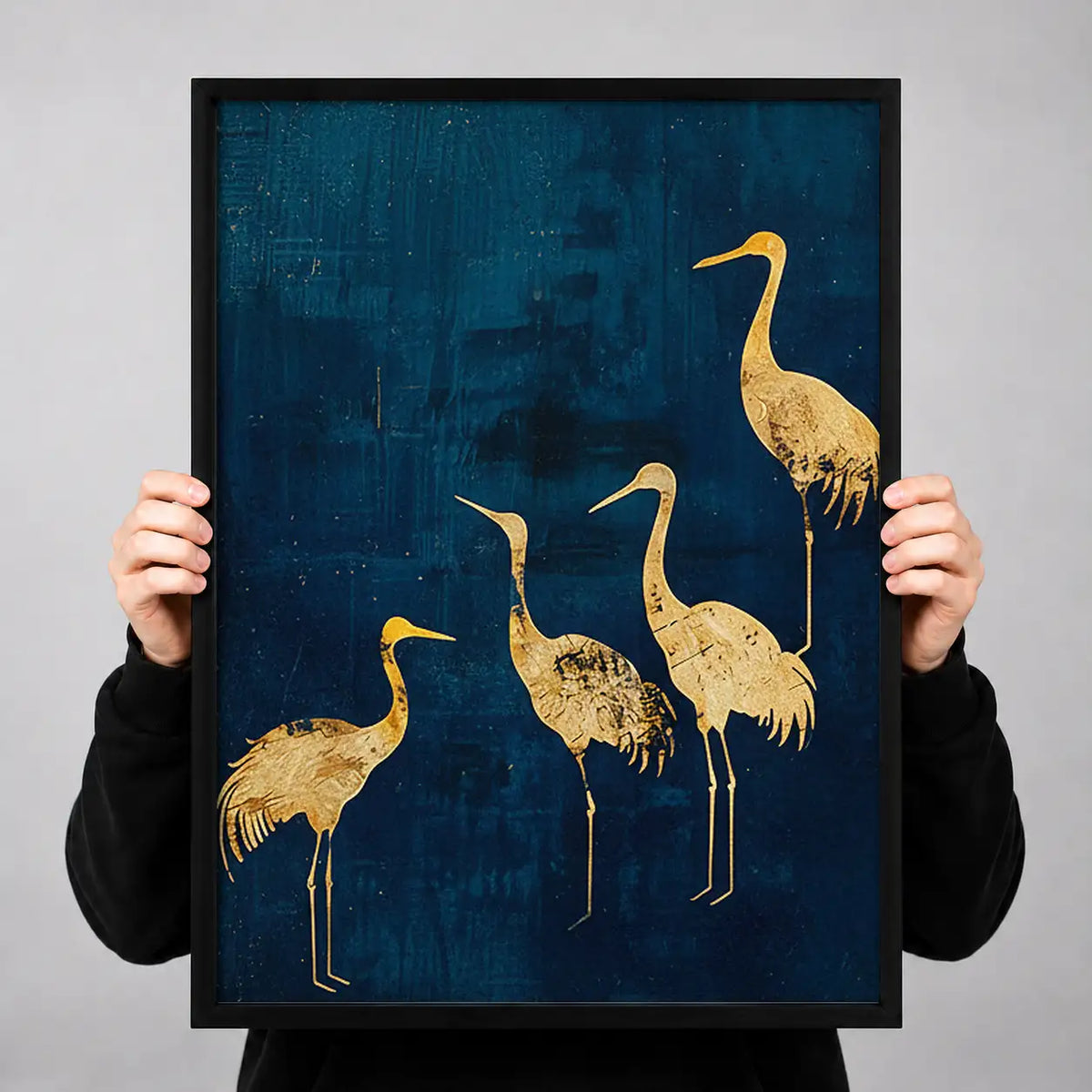 Golden Cranes on Deep Blue Wall Art 3