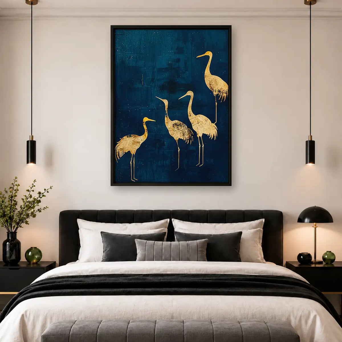 Golden Cranes on Deep Blue Wall Art 4