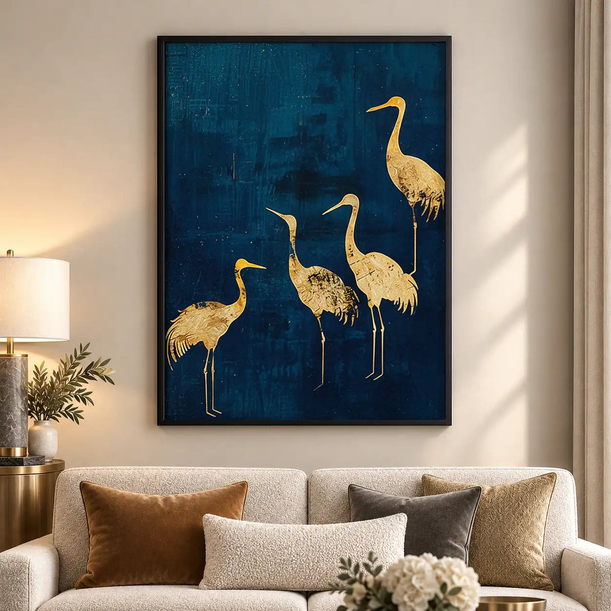 Golden Cranes on Deep Blue Wall Art 5