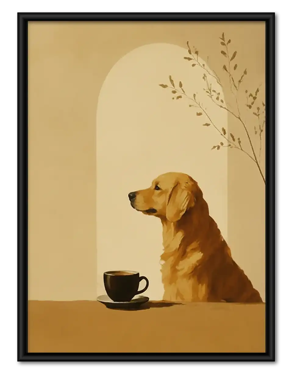 Golden Retriever with Coffee and Branch Wall Art 1