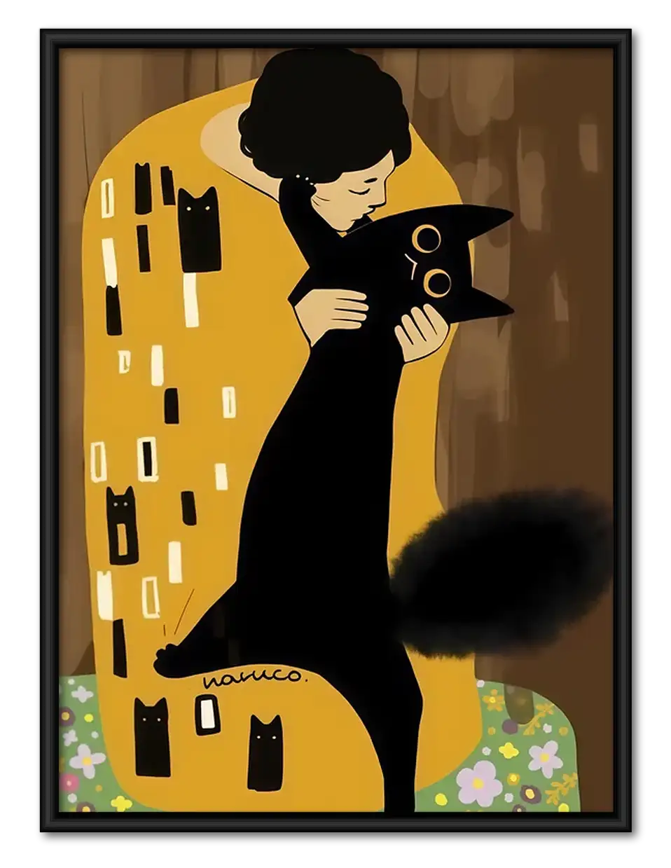 Golden Woman Embracing Black Cat Wall Art 1