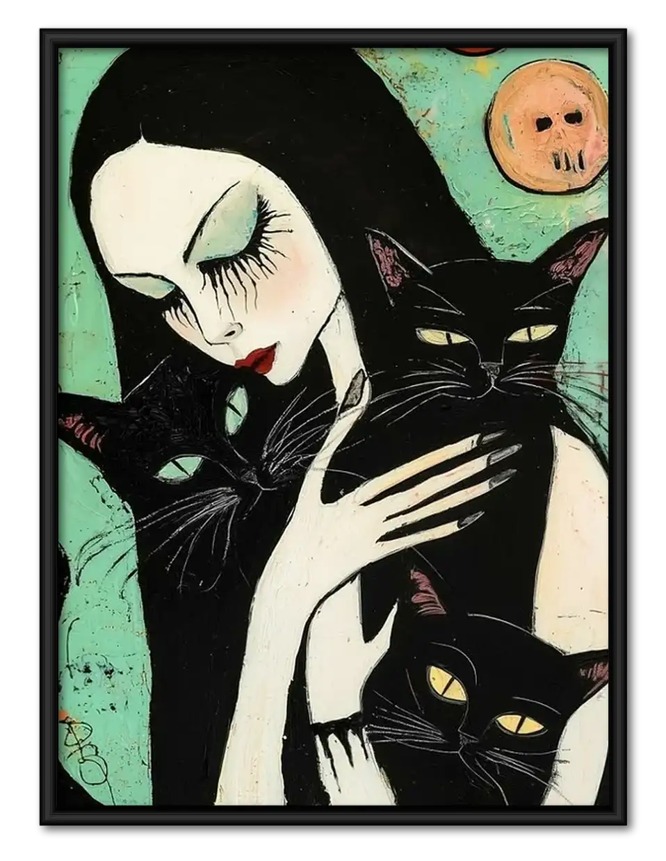 Gothic Woman Surrounded by Cats Wall Art 1