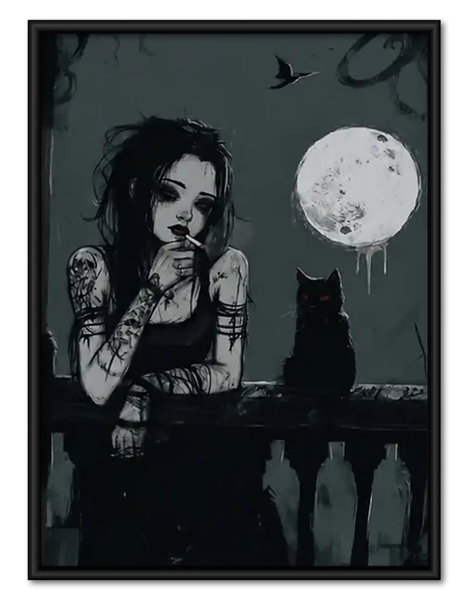 Gothic Woman with Cat beneath Moon Wall Art 1
