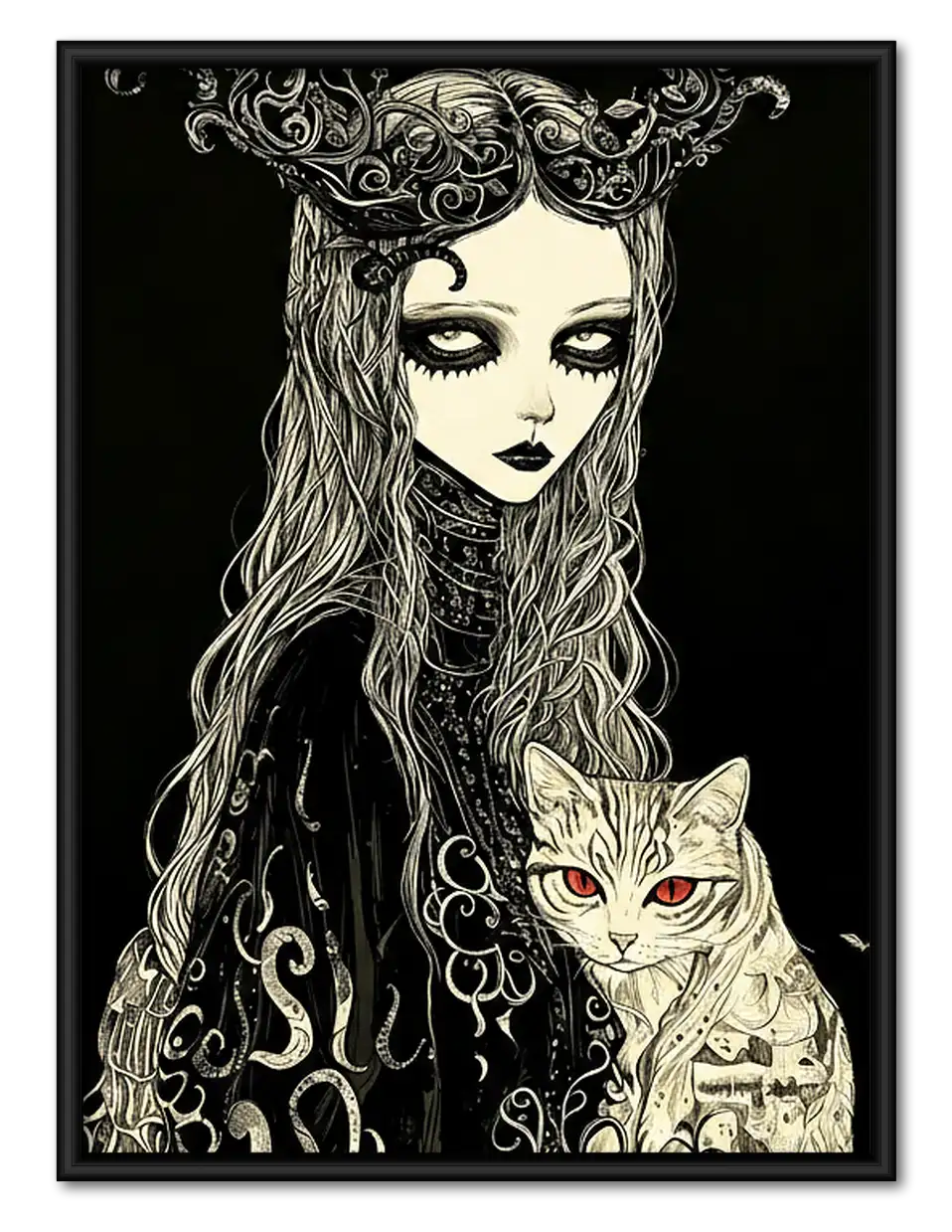 Gothic Woman with White Cat Wall Art 1