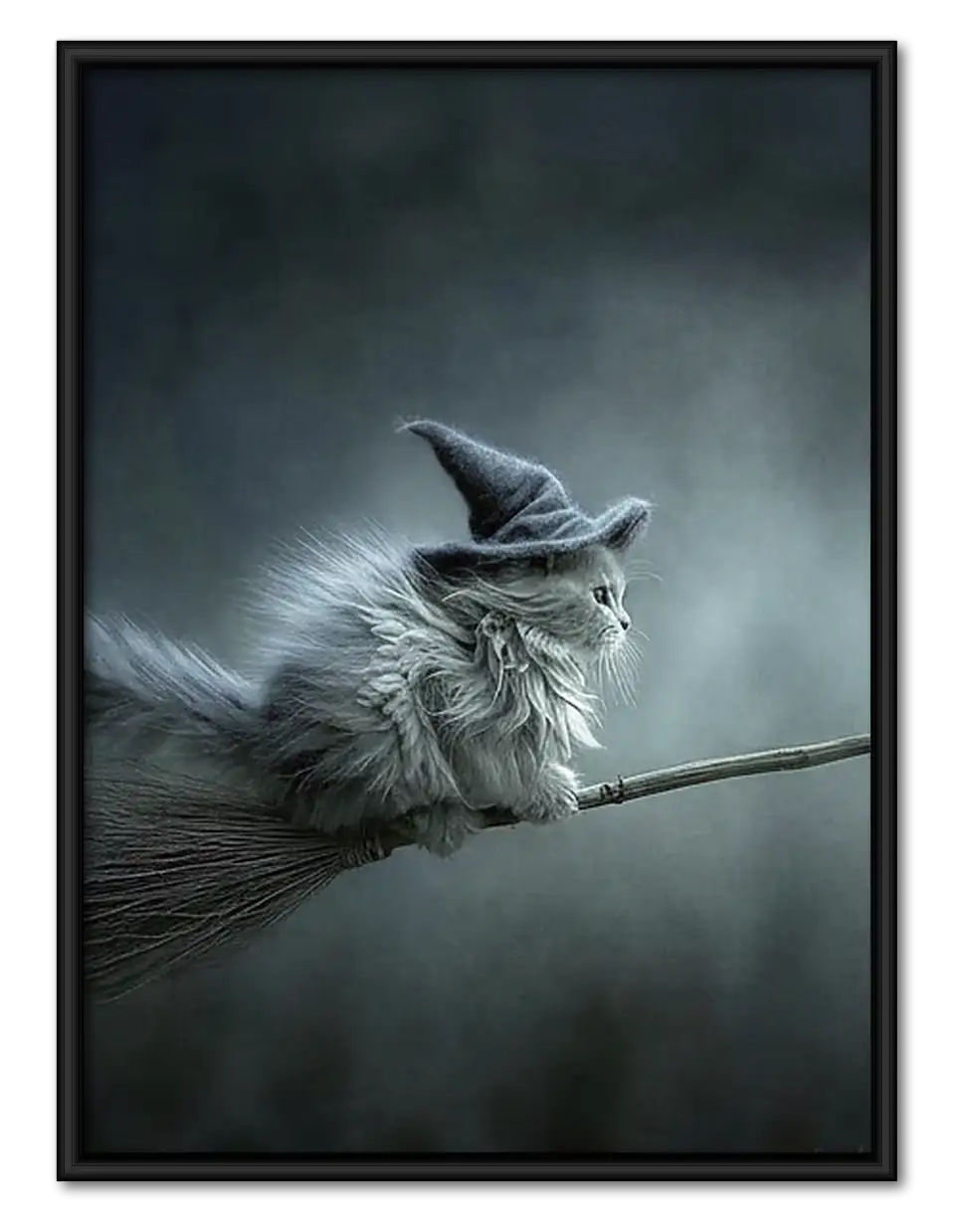 Gray Cat Flying on Broomstick Wall Art 1