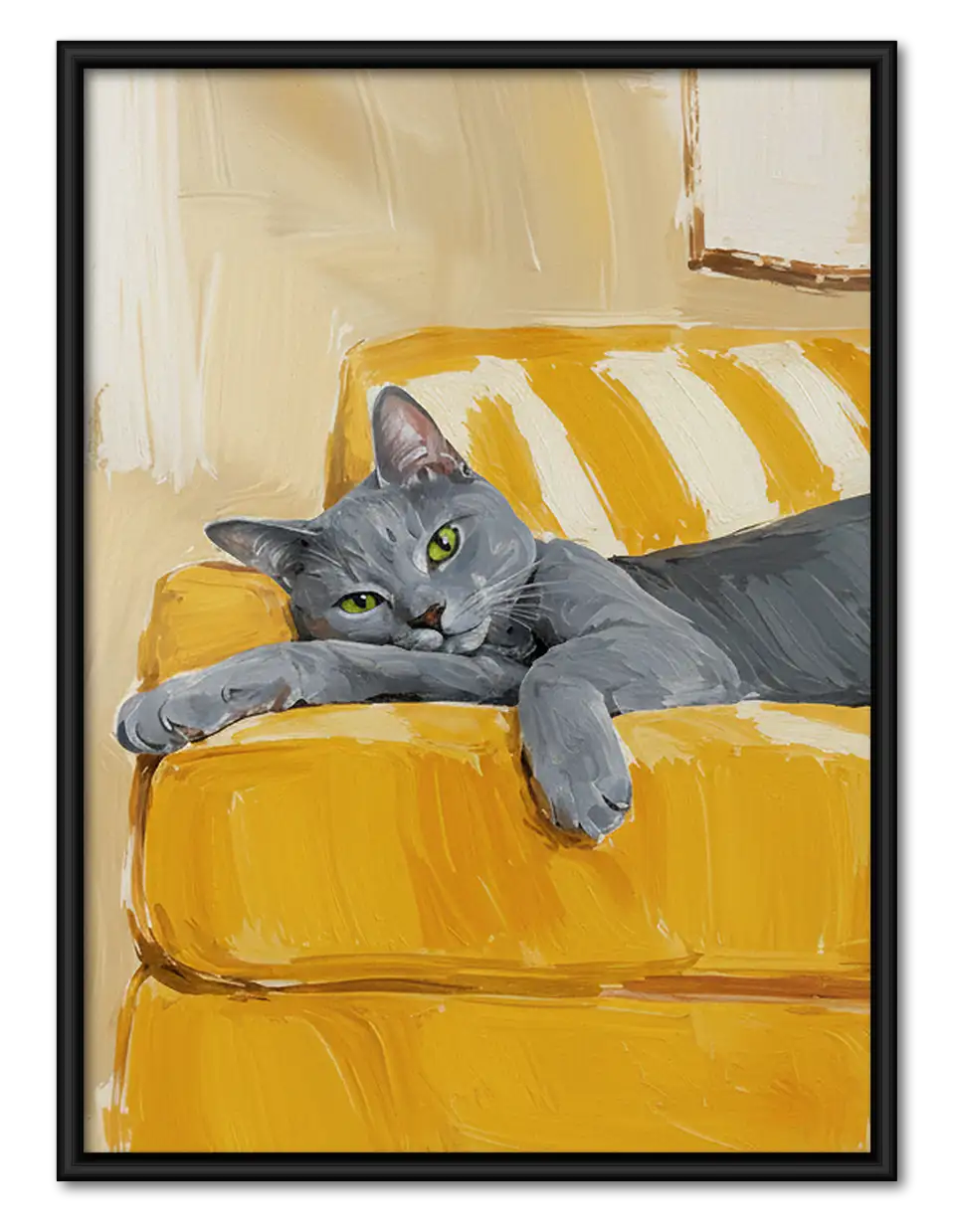 Gray Cat Relaxing on Yellow Sofa Wall Art 1