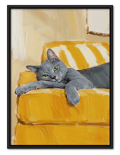 Gray Cat Relaxing on Yellow Sofa Wall Art