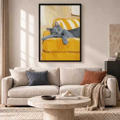 Gray Cat Relaxing on Yellow Sofa Wall Art 2
