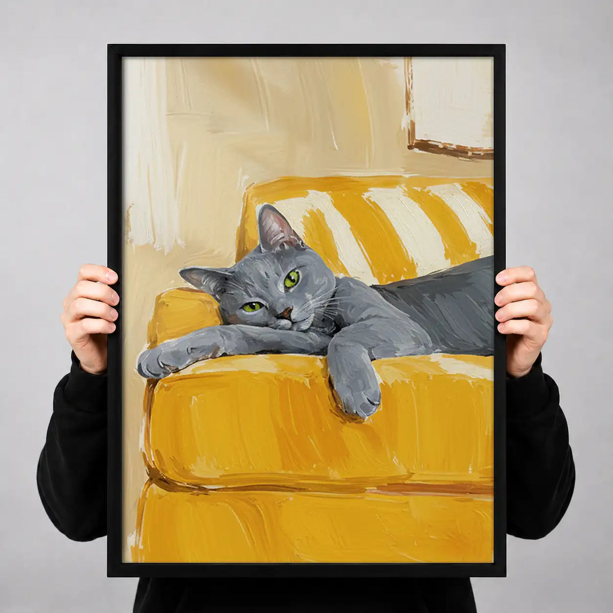 Gray Cat Relaxing on Yellow Sofa Wall Art 3