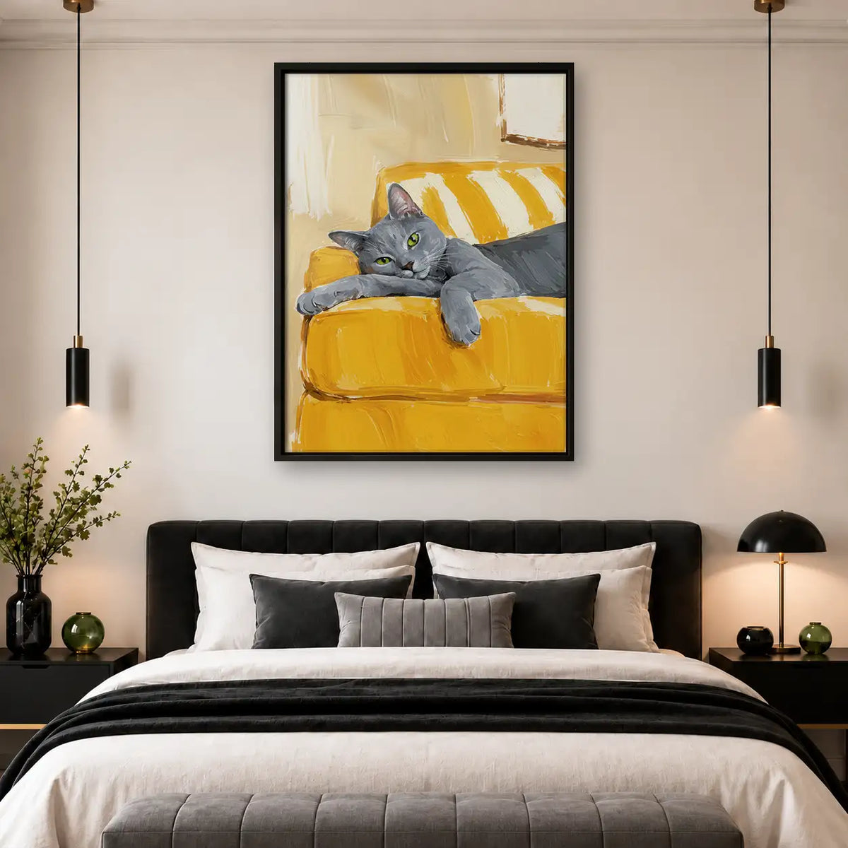 Gray Cat Relaxing on Yellow Sofa Wall Art 4