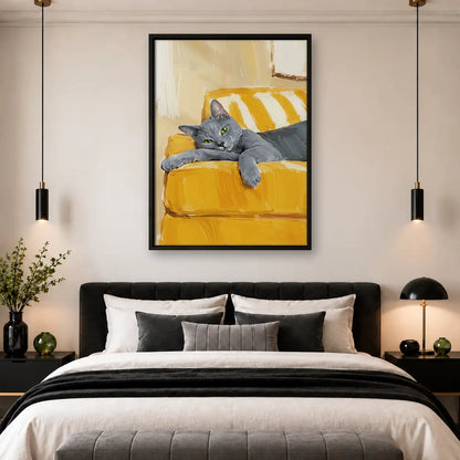 Gray Cat Relaxing on Yellow Sofa Wall Art 4
