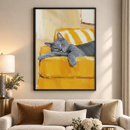 Gray Cat Relaxing on Yellow Sofa Wall Art 5