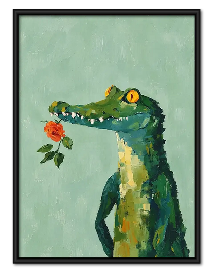 Green Crocodile Holding Red Rose Wall Art