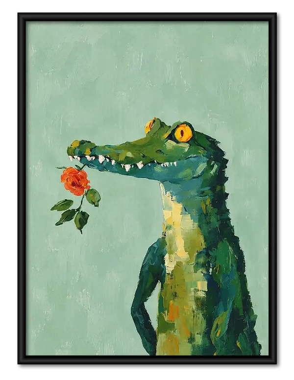 Green Crocodile Holding Red Rose Wall Art