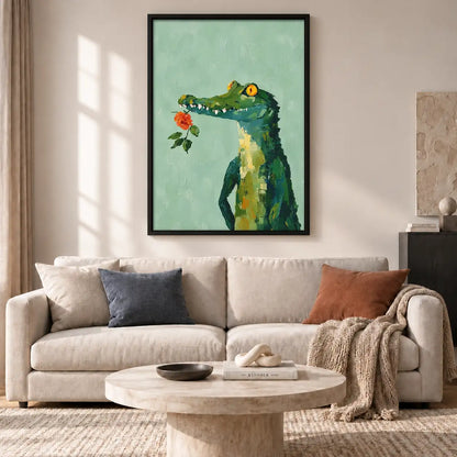 Green Crocodile Holding Red Rose Wall Art 2