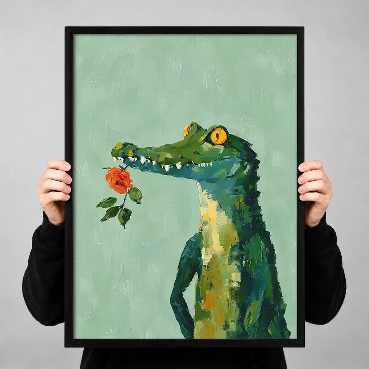 Green Crocodile Holding Red Rose Wall Art 3