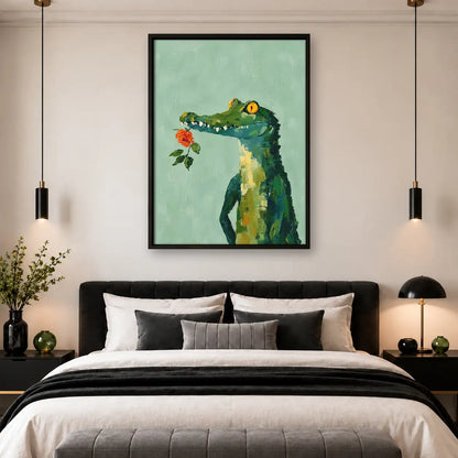 Green Crocodile Holding Red Rose Wall Art 4